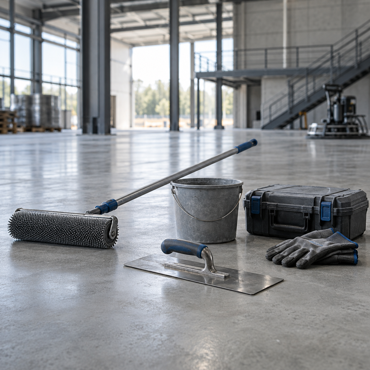 Illustration of concrete flooring tools and inspection equipment in an industrial facility