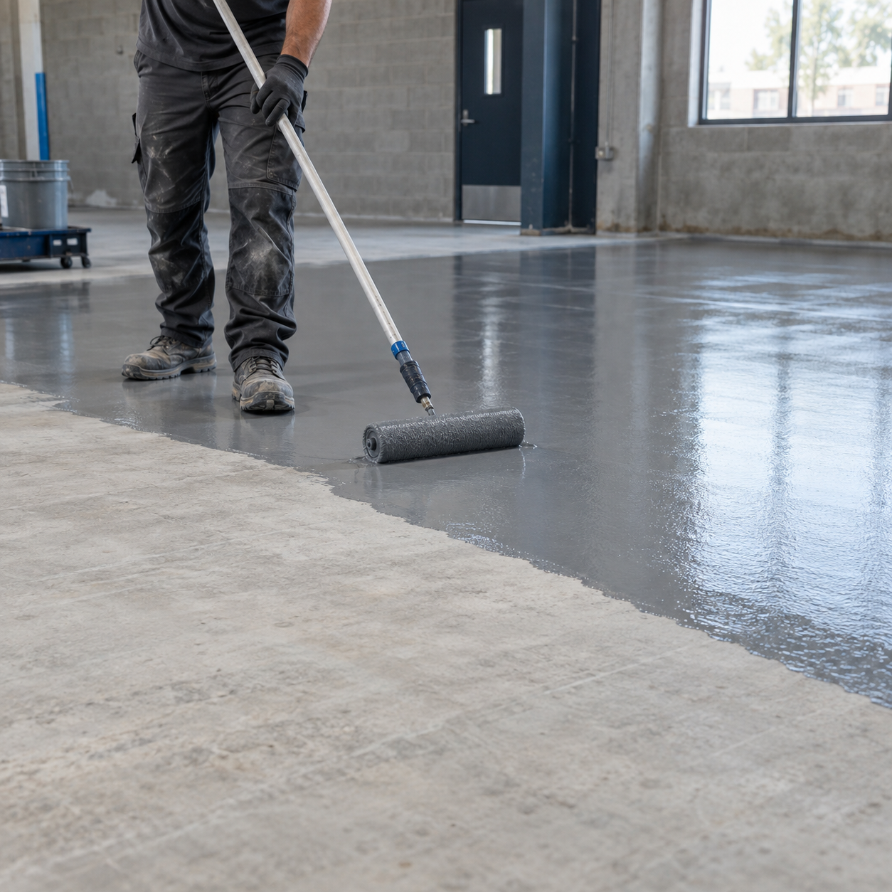Illustration of moisture mitigation coating being applied to a prepared concrete slab