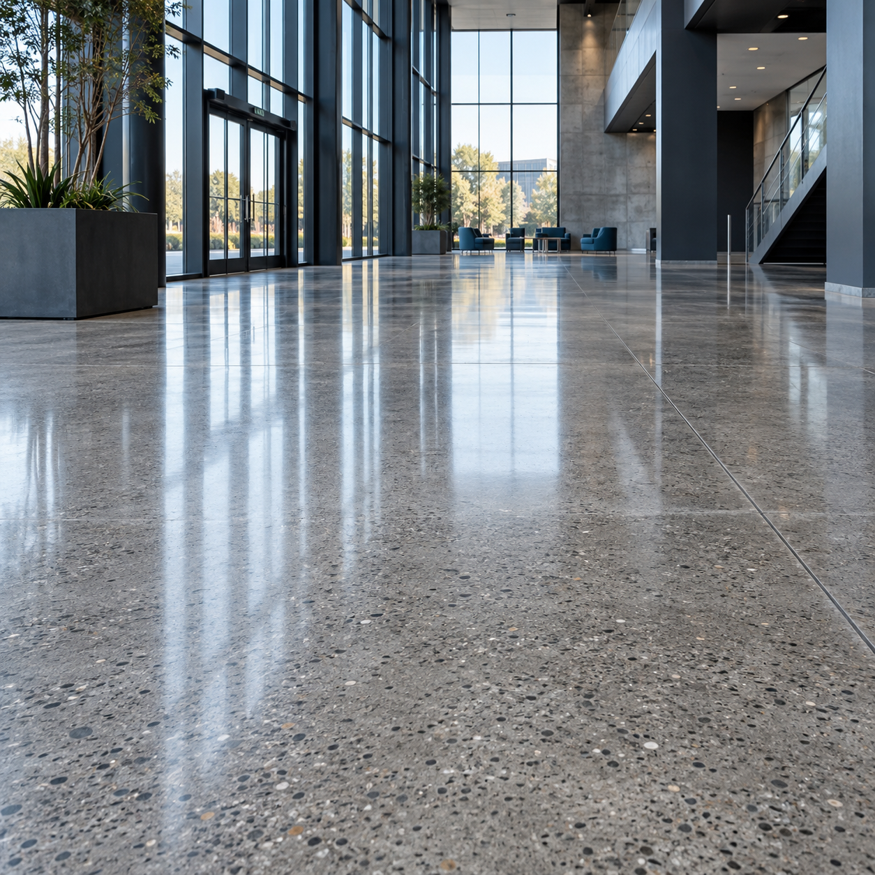 Illustration of polished concrete with visible aggregate in a commercial lobby